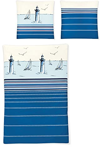 Irisette 8705-20 Bettwäsche Mako-Satin Smart, Blau, Leuchtturm Maritim 135 x 200 cm + 80 x 80 cm