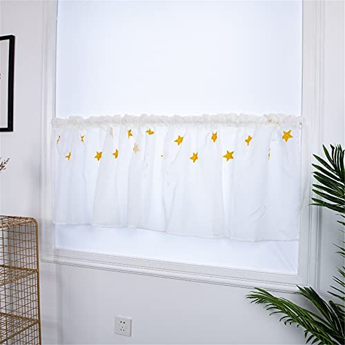 ESLIR Bestickte Küche Gardine Scheibengardine Tunnelzug Bistrogardine Landhaus Kurzgardine Halbtransparent Leinen mit Sterne Design Gelb HxB 45x120cm 1 Stück