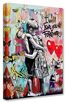 Raumdekoration Graffiti-Gemälde Banksy Little Boy and Girl Bilder 1 Panel Leinwand Street Pop Wandkunst Moderne Kunstwerk Wohnkultur für Wohnzimmer Gerahmte Galerieverpackung fertig zum Aufhängen