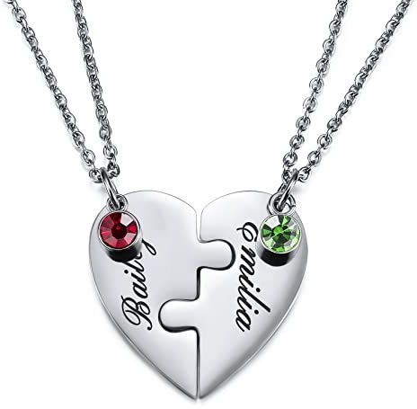 MunkiMix Personalisierte Halskette für Männer/Frauen, Paar-/Freundschaftskette für 2/3/4/5 Teile, Schwarz/Silber Herz-Puzzle-Teile-Halsketten-Sets, Name/Text-Gravur Edelstahl-Halskette (2 Stück+Stein)