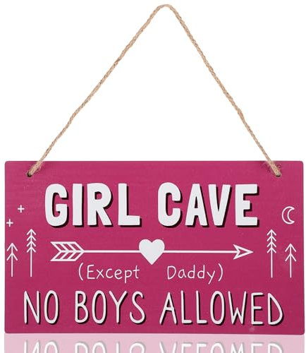 FOMIYES Wood Girl Cave Hanging Sign Pink Funny Girls Room Warning Plaque Poster Except Dad Sign for Bedroom Dressing Room Wall Art Decor