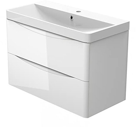 Biubiubath Badezimmer-Waschbecken, 800 mm, zum Aufhängen, Hochglanz-Weiß, 2 sanft schließende Schubladen, Badezimmermöbel-Set, flach verpackt