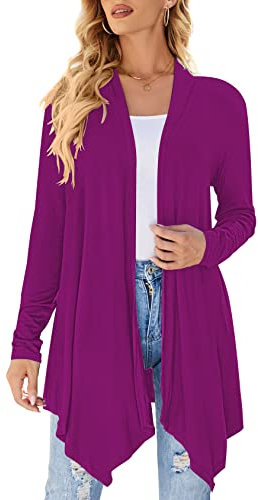 Cardigan da donna drappeggiato aperto sul davanti casual a maniche lunghe leggero cardigan maglioni spolverino, Magenta viola., Medium