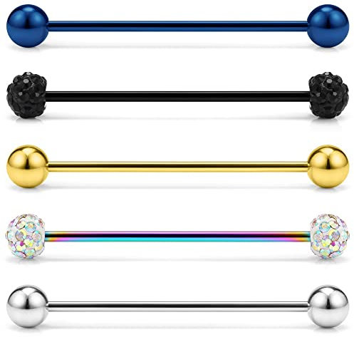 Longbeauty 14G Edelstahl Industrielle Barbells (38mm) 5 Pcs Zungenpiercing/Brustwarzenpiercing/Ohrpiercing Gerade Bars Septum Knorpel Tragus Zunge Nippel Langhantel