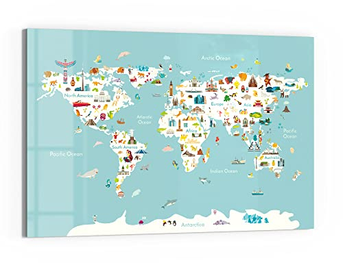 DEQORI Glas-Magnettafel | 60x40 cm groß | Motiv Süße Weltkarte (Englisch) | Memo-Board aus Glas | Magnetboard inkl. Magnete, Stift & Tuch für Küche & Büro | Tafel magnetisch & beschreibbar