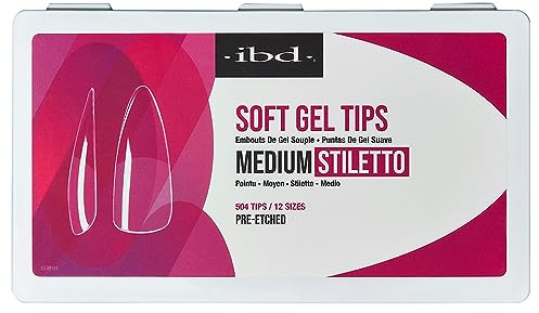 IBD Soft Gel Tips Medium Stiletto – 504 Stück, 12 Größen – MADE IN USA – Transparente Nagelspitzen – weiche Gelspitzen für Nagelverlängerung – mittlere Stilettoform