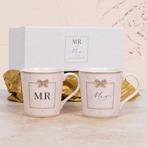 Lesser & PAVEY Mr & Mrs Mugs Set of 2 Madelaine by Hearts Design, Tea and Coffee Mugs for Hot Drinks | Fine China Printed Mugs for Kitchen & Home | Reusable Ceramic Cups for Every Occasion