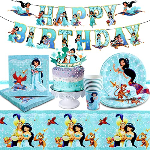 43 Pcs Jasmin Deko Geburtstag, Pappteller Pappbecher Prinzessin Jasmin, Aladdin Tischdecke, Jasmin Servietten, Kuchen Deko, Banner Happy Birthday, Partygeschirr Mädchen Prinzessin Kindergeburtstag