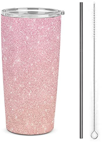 LOUJIN Insulated Pink Glitter Travel Mug with Straw and Lid Stainless Steel Vacuum Tumbler 20oz Coffee Cup for Work Travel
