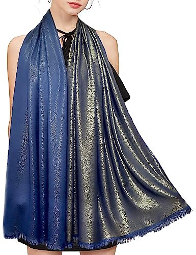 Gragengs Funken Metallic Pashmina Schals und Stola für Damen, Lange Party Tücher Einheitliche Farbe Zwei Töne,Denim Blau/Gold