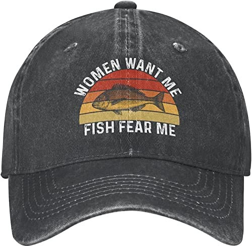 LOUJIN Baseballkappe Lustige Angelmütze Frauen Want Me Fishes Fear Me Hat Herren Baseballkappe Vintage Cap Schwarz, Schwarz , One size