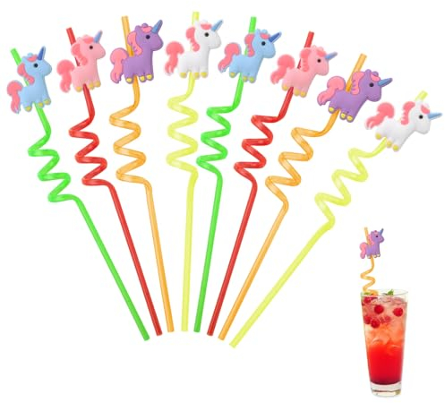 Lot de 8 pailles licorne pour enfants, réutilisables, en plastique, pour fête bouclée, lait, jus, décorations pour réunion de famille, fêtes d'anniversaire d'enfants (01)