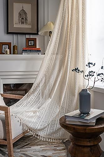 Yaofeiou Beige Voile Vorhang Boho Vorhang Landhausstil Häkeln Stricken Gardinen Polyester Baumwolle Gardine Lace Transparent Vorhang für Wohnzimmer Schlafzimmer Dekor, 2 Stück, B150xH160cm