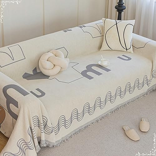 Couch Überzug 180x320cm, Gewellte Linien mit Buchstaben Couchbezug 3 Sitzer Sofaüberwürfe rutschfest Grau Sofa Überzug für Wohnlandschaft