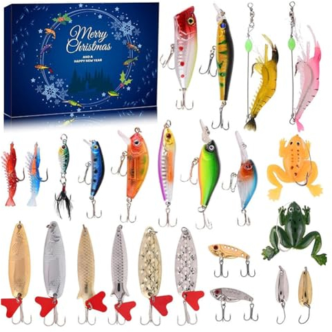 Weihnachts-Angelset kassette, Christmas Fishing Set Blind Box, Adventskalender Angeln 2023, Adventskalender angeln ausrüstung, 24 Tage Angelköder Set für Erwachsene Männer Angler (B)