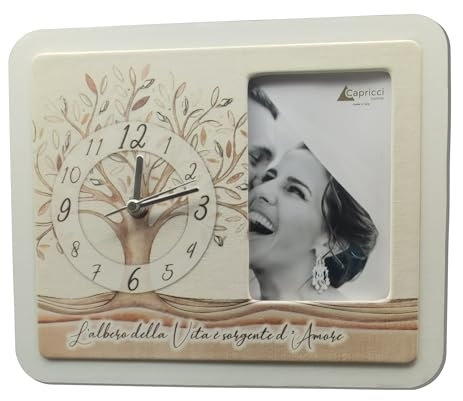 Orologio con portafoto da tavolo in Ecopelle Stampa Albero della Vita Onde in scatola da regalo. Bomboniere, Battesimo, Matrimonio, Anniversari. Regali utili, Originali Prezzi bassi (22x17)