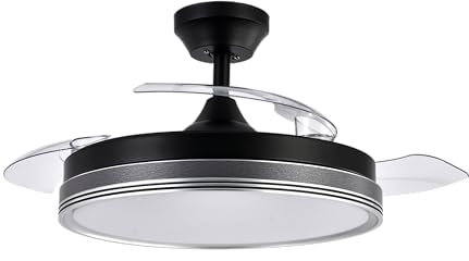 ABRILA - Ventilador DC ESCARCHA | Color Negro/Color Gris con tres Aspas Desplegables | Ventilador 6 Velocidades Ajustables | con 3 Temperaturas de Luz | Mando a Distancia Incluido