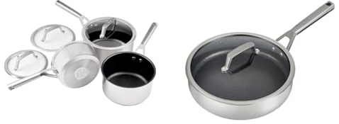 Ninja ZEROSTICK Stainless Steel Cookware 3-Piece Saucepan Set & ZEROSTICK Stainless Steel Cookware 26cm Sauté Pan with Glass Lid, Long Lasting, Non-Stick
