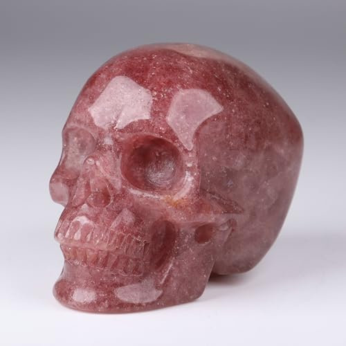 MR.SKULL Totenkopf-Statue, natürlicher Kristall, handgeschnitzt, Kunst-Skulptur, Reiki-Heilstein, Totenkopf, Heimdekoration, 5,1 cm Erdbeerquarz, 5,1 cm