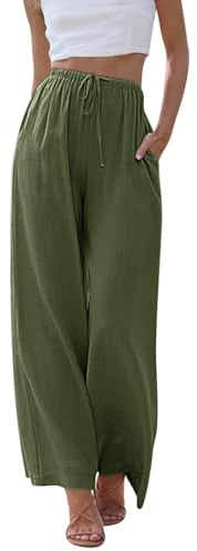 Voqeen Mujer Pantalones de Lino Anchos Verano Casual Pantalon Frescos Cintura Alta Elástico Cordón con Bolsillos Palazzo Pants de Playa Largos Suelto Pantalón Vintage Ligeros y Cómodos