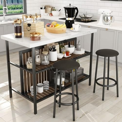 HOOSENG Kitchen Island with Seating Small Dining Table and Chairs Set for 2, Space Saving Breakfast Bar Table and Stools Set with Storage Shelve, White