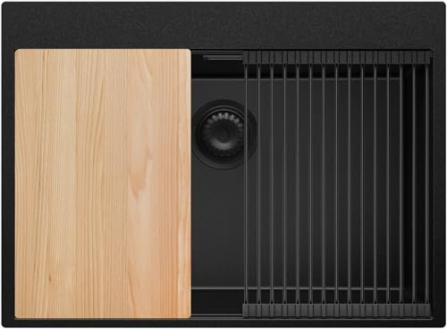 Fregadero Cocina Todo Negro 68x50cm, Fregadero Granito 1 Seno + Sifón + Accesorios, Fregadero sobre encimera al mueble 70cm - Oslo Top de Primagran