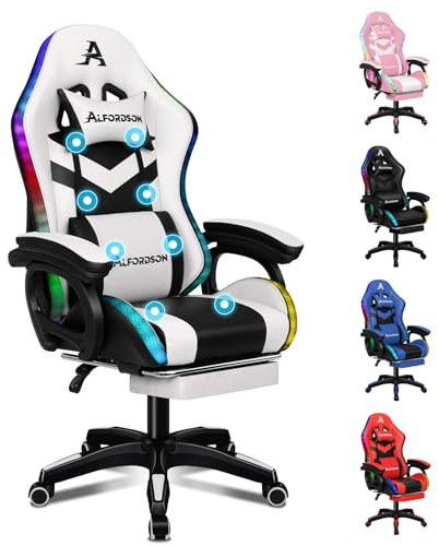 ALFORDSON Silla Gaming, Silla Gamer Racing con Iluminación LED RGB, Sillón Masajeador para Computadora con Reposapiés, Silla Giratoria Ergonómica con Respaldo Operado por Palanca, Blanca