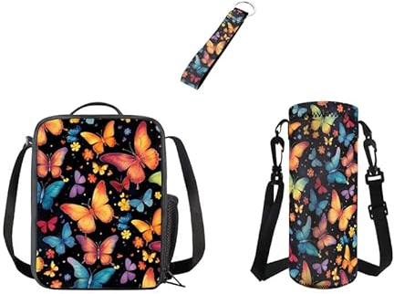 Kuiaobaty Butterflies Girls Lunch Bag Set with Water Bottle Carrier Bag, Colorful Butterfly Lunch Box Ribbon Keychain for Kids