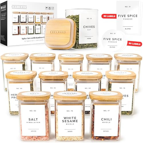 EDELHAUS Gewürzgläser Eckig mit Holzdeckel 190ml (12 Stück) - Bambusdeckel Gewürzstreuer Set mit 160 Gewürzetiketten Weiß, Luftdichte Gewürzbehälter, Gewürzdosen, Stapelbare Gewürze Organizer