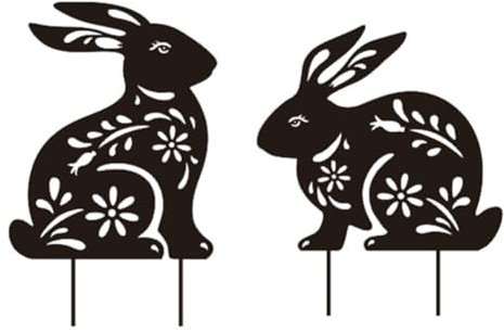 SAROAD 2 x Hasen-Gartenstecker aus Metall, Gartendekoration, Statuen, Silhouette, Rasen