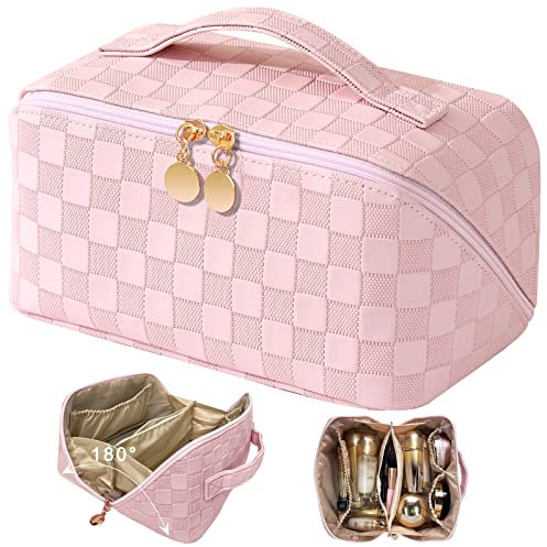 TOPALL Kosmetiktasche Reise Damen,Beauty Case PU Leder,Groß Make Up Tasche,Portable Schminktasche Kulturtasche Organizer mit Kapazität für Reisezubehör Travel Essentials Women(Checkered Pink)
