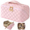 TOPALL Kosmetiktasche Reise Damen,Beauty Case PU Leder,Groß Make Up Tasche,Portable Schminktasche Kulturtasche Organizer mit Kapazität für Reisezubehör Travel Essentials Women(Checkered Pink)