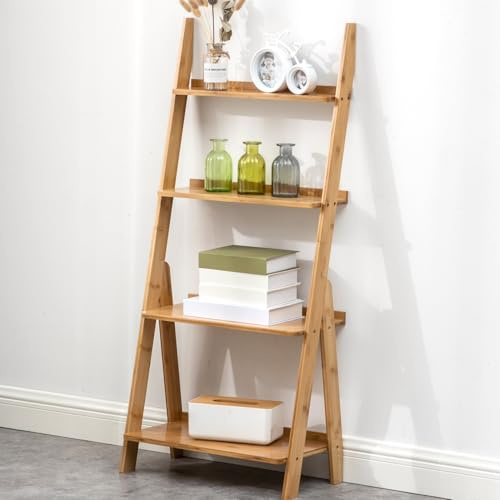 Maydear Scaffale a scala in bambù, libreria a 4 ripiani, autoportante, organizer per soggiorno, camera da letto, cucina, ufficio, balcone, color legno