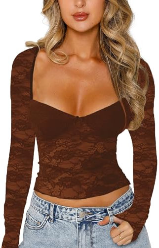 Women's Sexy Floral Lace Long Sleeve Sweater Heart Neck Mesh Crop Top, Slim Fit Layering Top Going Out Tee Blouse (Dark Brown, L)