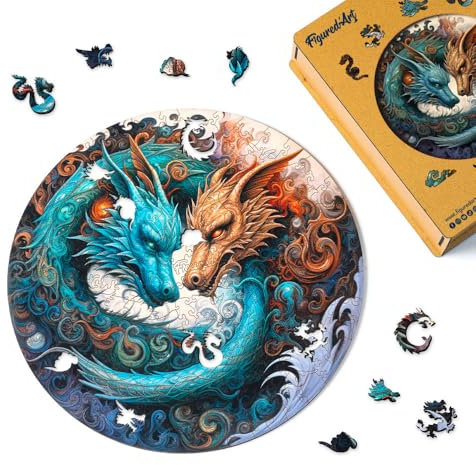 Figured'Art Holzpuzzle Erwachsene und Kinder 200 Teile Tiere - Zwillingsdrachen - Originelles Design 28,5x28,5 cm Einzigartige Form mit Premium-Holzkiste