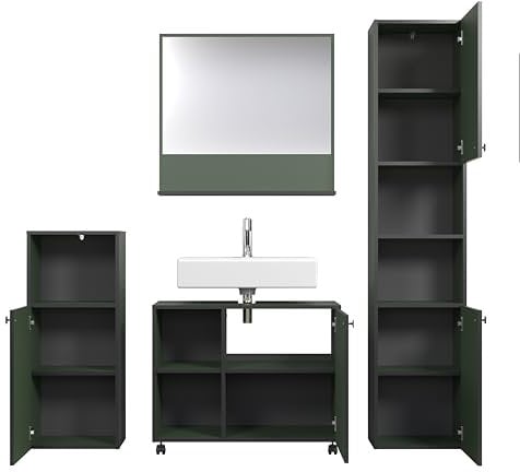 trendteam smart living - PureBliss - Badezimmer Komplettset (WBU + Spiegel 60cm + Standschrank + Hochschrank) - Grün - Rillenoptik - Aufbaumaß (BxHxT) 180 x 186 x 42 cm - Metallgriffe