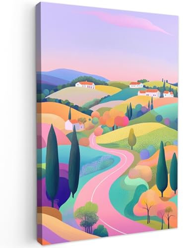 MuchoWow© Impression sur Toile Decoration Murale Peinture 40x60 cm Tableaux Decoratifs Muraux Déco Chambre Tableau Salon Paysage - Violet - Pastel - Maisons