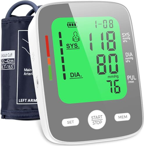 Tensiomètre Bras, Tensiometre Médical avec grand écran LCD à 3 couleurs, Brassard de 22 à 42 cm | Tensiometre bras professionnel avec Mémoire 2 x 99 | Moniteur de Fréquence Cardiaque (gris)