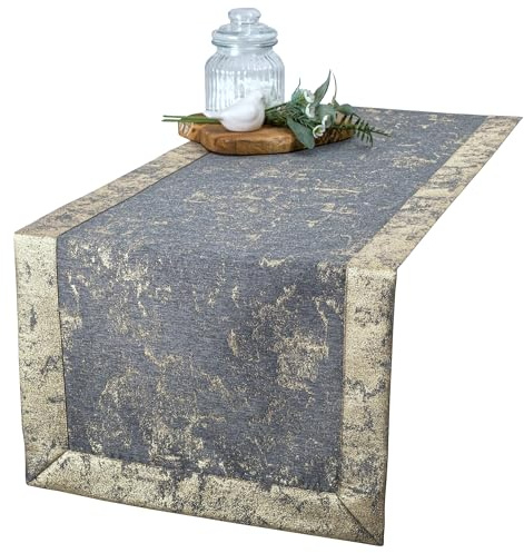 invitta Tischläufer Grau Gold 50x130 cm – modern aus Polyester mit Goldakzenten, wasserabweisend mit Lotuseffekt, hochwertiger Kuvertsaum 5 cm, Fleckschutz, pflegeleicht - O5-6112-2502-Z