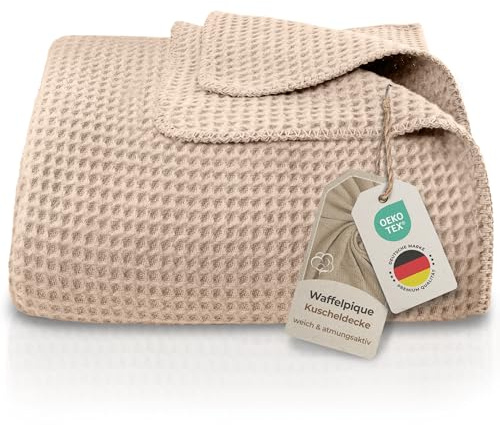 LAYNENBURG Premium Waffelpique Baumwolldecke 150x200 cm - Oeko-TEX 100 - Baumwollmix Kuscheldecke - Decke als Wohndecke, Sofa-Decke & Couchdecke - Wolldecke kuschelig-warm aus Baumwolle (beige)