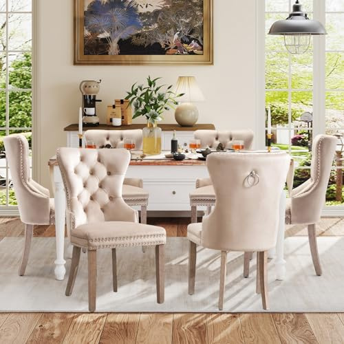 SoarFlash Esszimmerstühle aus Samt, mit gepolstertem Flügelrücken, Nietenbesatz, dekorativem Rückenring, 6er-Set, Beige, Premium