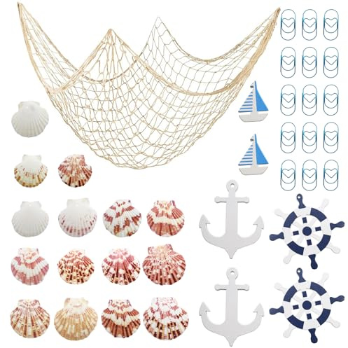 POPAPIE 150 * 200cm Fischernetz Deko Mesh Outdoor Fischernetz Wand Dekoration Strand Themen,Nautisches Fischnetz mit Muscheln,Steuerrad,Segelboot für Party Wand Home Hochzeits Dekoration