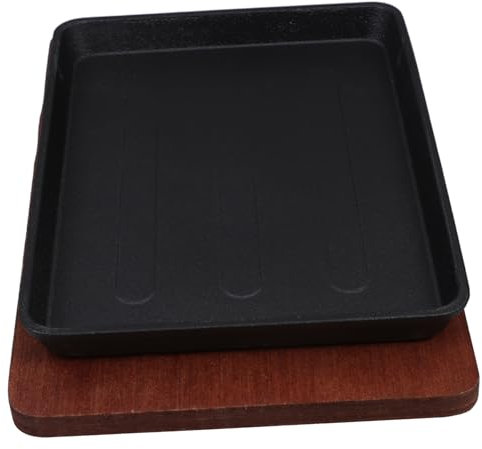 Zerodeko Sartén Cuadrada Para Parrilla De Hierro Fundido Bandeja De Madera Para Carne Sartén Para Fajitas Antiadherente Para Cocinar Teppanyaki