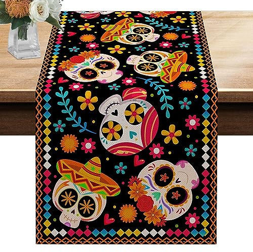 Tag Der to-Ten Tischläufer, Tag des to-Ten Läufers Sugar Skull Blumentuch, Totenkopf-Tischläufer, Dia De Los-Muertos, Tischdekoration Für Halloween, Feiertage, Par, Heimdekoration, 183 cm Lang