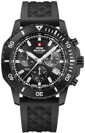 Swiss Military by Chrono Herren Uhr Solar Chronograph Quarzuhrwerk mit Kautschukarmband Analoge Herrenuhr Armbanduhr Schwarz SMS34113.05