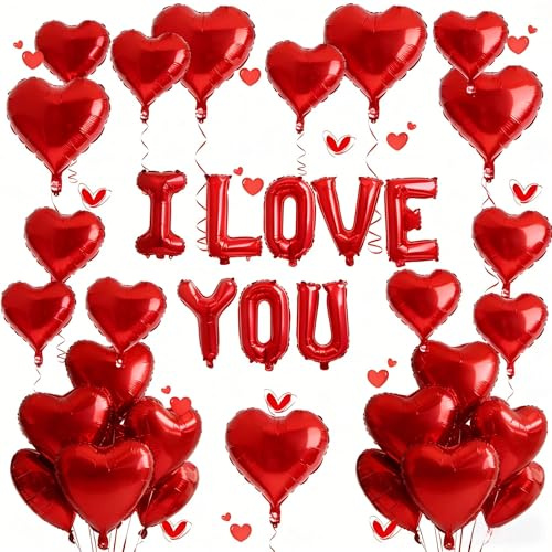 I Love You for Him/Her Balloons 34PCS Red 18 Inch Heart Balloons Banner Romantic Decoration Kit for Valentines Party Wedding Engagement Galentines Day Bridal Shower Anniversary Decor