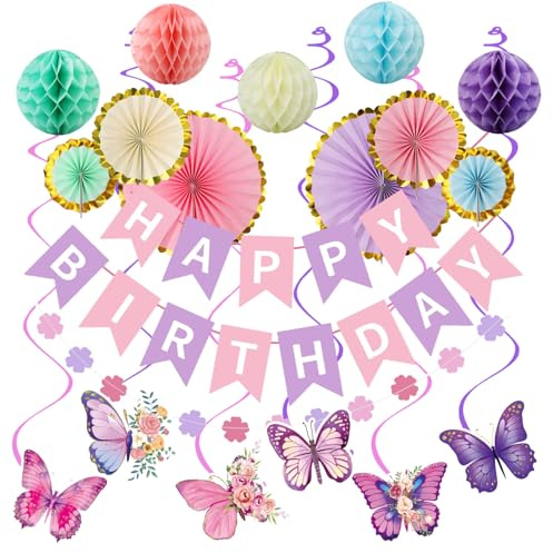 Pastel Birthday Decorations, Party Decorations for Women Girls | Happy Birthday Banner, Honeycomb Paper, Flower Bunting Garland, Butterfly Hanging Swirl Streamer, Paper Fans