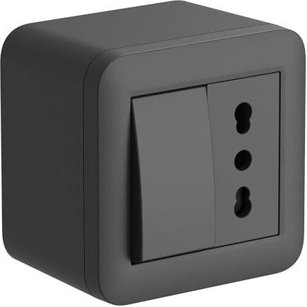 Electraline 60480 contenitore da superficie con presa bivalente e interruttore/deviatore FIXA, nero, IP40, compatibile per installazione con tubo rigido e canalina