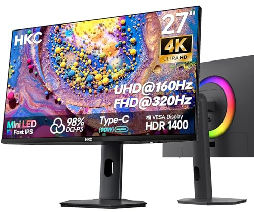 HKC 27 inch Mini LED Monitor 4k UHD IPS Gaming Monitors,Dual Mode (UHD 160Hz/FHD 320Hz),1152zone, 1ms,HDR1400,98% DCI-P3,Adaptive Sync,USB-C 90W,2×HDMI 2.1,DP 1.4,Height Adjustable Stand,VESA 100×100