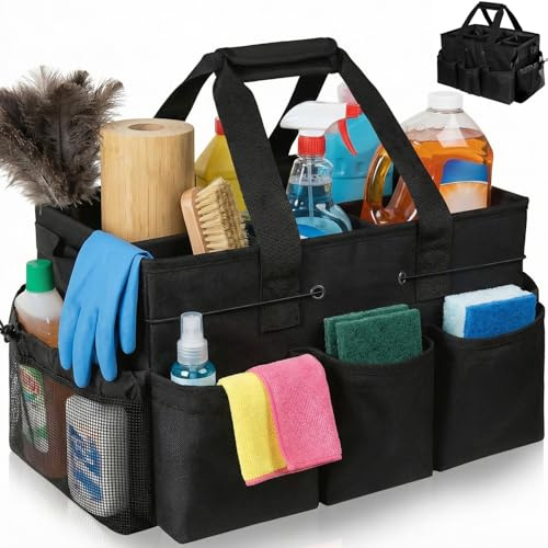 Exquilnova Cleaning Caddy with Handle,Large Tote Bag Organiser with Detachable Divider,Cleaning Bag with Adjustable Shoulder Strap,Cleaning Caddy Bag for Cleaning Supplies,Garden,Car,Home(Black)